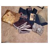 Lined and fringed throw blanket, one curtain panel 54x84, Sealy and Posturepedic retail store pillow shams, clear tub with no lid