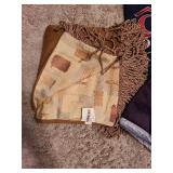 Lined and fringed throw blanket, one curtain panel 54x84, Sealy and Posturepedic retail store pillow shams, clear tub with no lid