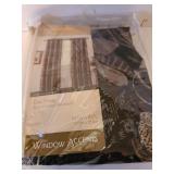 Lined and fringed throw blanket, one curtain panel 54x84, Sealy and Posturepedic retail store pillow shams, clear tub with no lid