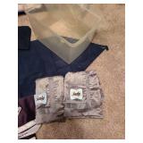 Lined and fringed throw blanket, one curtain panel 54x84, Sealy and Posturepedic retail store pillow shams, clear tub with no lid