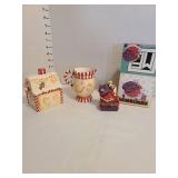 Mary Engelbreit Santa hinged trinket box, M WW Market, sugar and creamer.