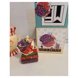 Mary Engelbreit Santa hinged trinket box, M WW Market, sugar and creamer.