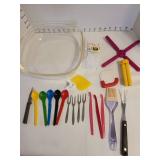 Fire King casserole, folding silicone hot pads, bottle caps, basting brush, more.