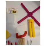 Fire King casserole, folding silicone hot pads, bottle caps, basting brush, more.