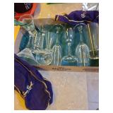 Glass stemware, swizzle sticks, 2 Crown Royal bags.