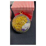 Cloisonne ornaments, 3in diam, dove, ivy, lion and lamb