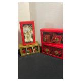 Christmas ornaments, red and gold on velvet, Santa 9in