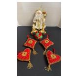 Christmas ornaments, red and gold on velvet, Santa 9in