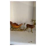 Brass and Wood Christmas Sleigh with Reindeer 9 inches tall