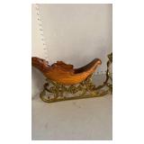 Brass and Wood Christmas Sleigh with Reindeer 9 inches tall