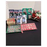 Christmas ornaments, string lights, sleigh decor.