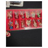 Christmas ornaments, string lights, sleigh decor.