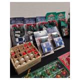 Christmas ornaments, string lights, sleigh decor.