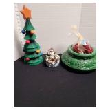 Musical penguin ice skating figure, wooden tree 15in tall, ceramic bowl, red pinecones. Bowl has chipped rim