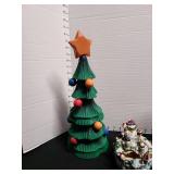 Musical penguin ice skating figure, wooden tree 15in tall, ceramic bowl, red pinecones. Bowl has chipped rim