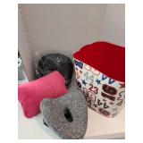 Travel pillows and plastic tote including orthopedic contoured leg pillow