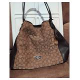 Coach Signature Canvas Hobo Bag with Black Leather Trim