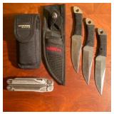Leatherman Multi-Tool and 1995 Hibben Throwing Knives in Cases