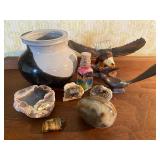 Pottery Pot, Rocks, Wood Birds