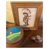 Native American Boy in Frame, Inlaid Trinket Dish and Turtle Whistle Flute