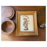 Native American Boy in Frame, Inlaid Trinket Dish and Turtle Whistle Flute
