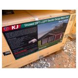 Unused K2223 22 x 23 Double Garage Metal Building:  Red-Brown in color, 26 gauge sheet metal, No Garage Doors, Includes 1 walk through door. 13 ft height