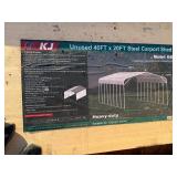 Unused K4020 40x20 Steel Carport in Cream Color, Exposed side wall, 13 foot Peak Height