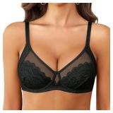 Avidlove Womens Lace Bras Sexy Push Up Bra with Underwire Full Coverage Unlined Balconette Everyday Bra Lingeries Black, M