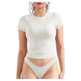 OMKAGI Double Lined Slim Fit T Shirts for Women Short Sleeve Crew Neck Crop Top(S,79-Solid White)
