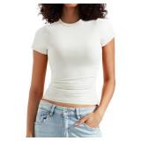 OMKAGI Double Lined Slim Fit T Shirts for Women Short Sleeve Crew Neck Crop Top(S,79-Solid White)