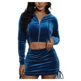 SMSN Skirt Sets Women 2 Piece Outfits Velvet Cute Long Sleeve Fall Hoodie Top Mini Skirt Y2K Casual 90s Freaknik Set Velour Tracksuit Deep Blue L