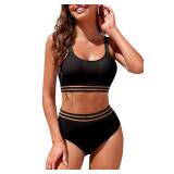 Adisputent Womens High Waisted Bikini Sets Sporty Crop Top Color Block Swimwear Bandeau Scoop Neck Vintage Two Piece Bathing Suits Black Mesh XXL