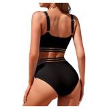 Adisputent Womens High Waisted Bikini Sets Sporty Crop Top Color Block Swimwear Bandeau Scoop Neck Vintage Two Piece Bathing Suits Black Mesh XXL