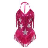 FYMNSI Rave Outfits for Women Music Festival Sexy Backless V Neck Star Sequins Tassel Fringe Bodysuit High Cut Adjustable Halter Cheeky Romper Clubwear Party Dance Wear Halloween Costume Rose Red L