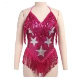 FYMNSI Rave Outfits for Women Music Festival Sexy Backless V Neck Star Sequins Tassel Fringe Bodysuit High Cut Adjustable Halter Cheeky Romper Clubwear Party Dance Wear Halloween Costume Rose Red L