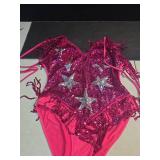 FYMNSI Rave Outfits for Women Music Festival Sexy Backless V Neck Star Sequins Tassel Fringe Bodysuit High Cut Adjustable Halter Cheeky Romper Clubwear Party Dance Wear Halloween Costume Rose Red L