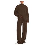PRETTYGARDEN Women Fall Sweatsuits Two Piece Sets Mock Neck Long Sleeve Knit Tops Wide Leg Pants Lounge Set Travel Outfits(Brown,Large)