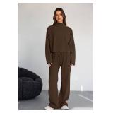 PRETTYGARDEN Women Fall Sweatsuits Two Piece Sets Mock Neck Long Sleeve Knit Tops Wide Leg Pants Lounge Set Travel Outfits(Brown,Large)