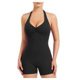 YEOREO Women Halter Workout Jumpsuits One Piece Backless Bodycon Bodysuits Hidden Scrunch V Back Yoga Joceline Short Romper, S