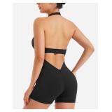YEOREO Women Halter Workout Jumpsuits One Piece Backless Bodycon Bodysuits Hidden Scrunch V Back Yoga Joceline Short Romper, S