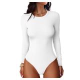 ANRABESS Women Long Sleeve Crew Neck Bodysuits Top 2025 Fall Slim Fit Ribbed Knit Soft Basic Tee Shirts White X-Small