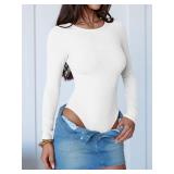 ANRABESS Women Long Sleeve Crew Neck Bodysuits Top 2025 Fall Slim Fit Ribbed Knit Soft Basic Tee Shirts White X-Small
