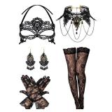 Bonuci 5 Pcs Halloween Masquerade Suit, Black Gothic Choker Lace Necklace Mask Mesh Lace Glove Pendant Earring Fishnet Stocking for Wedding Halloween Cosplay