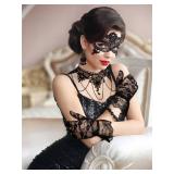 Bonuci 5 Pcs Halloween Masquerade Suit, Black Gothic Choker Lace Necklace Mask Mesh Lace Glove Pendant Earring Fishnet Stocking for Wedding Halloween Cosplay