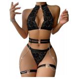 Foxiny Sexy Halter Heart Ring Cutout Chain Floral Lace Sheer Garter Belt Lingerie Set 3 Piece Women Harness See Through Matching Bra Panty Underwear Black Large