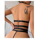 Foxiny Sexy Halter Heart Ring Cutout Chain Floral Lace Sheer Garter Belt Lingerie Set 3 Piece Women Harness See Through Matching Bra Panty Underwear Black Large