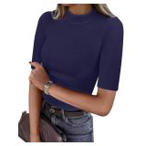 ANRABESS Womens Tops Mock Neck Half Sleeve Shirts Ribbed Knit Slim Fit Basic Tee 2025 Summer Fall Dressy Casual T-Shirts Navy Blue Small
