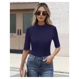 ANRABESS Womens Tops Mock Neck Half Sleeve Shirts Ribbed Knit Slim Fit Basic Tee 2025 Summer Fall Dressy Casual T-Shirts Navy Blue Small