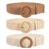 JASGOOD 3 Pack Straw Woven Belt Elastic Stretch Rattan Buckle Waist Belt Women Skinny Raffia Dress Waist Band(Beige+Strip+Light Brown)