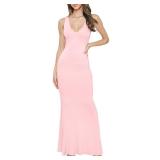TRENDY VIBEZ Womens V Neck Maxi Dress, Sexy Sleeveless Formal Casual Bodycon Long Dress, Summer Wedding Guest Dresses, Rose Quartz, Medium